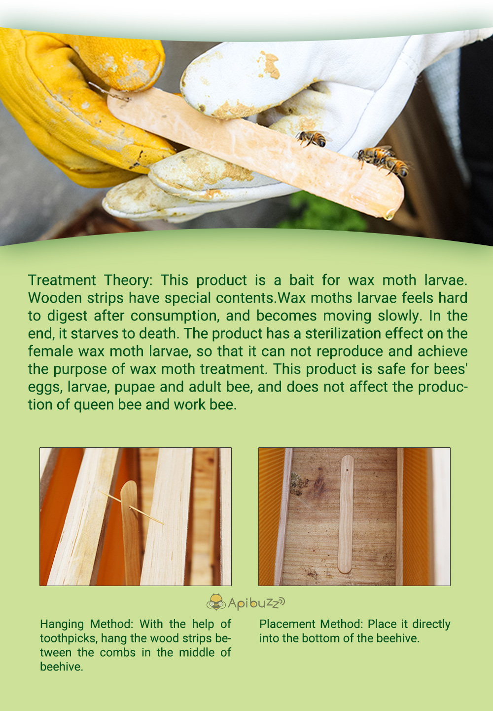 APIBUZZ Tiras de madera para tratamiento de polillas de cera de colmena | Paquete de 10 unidades