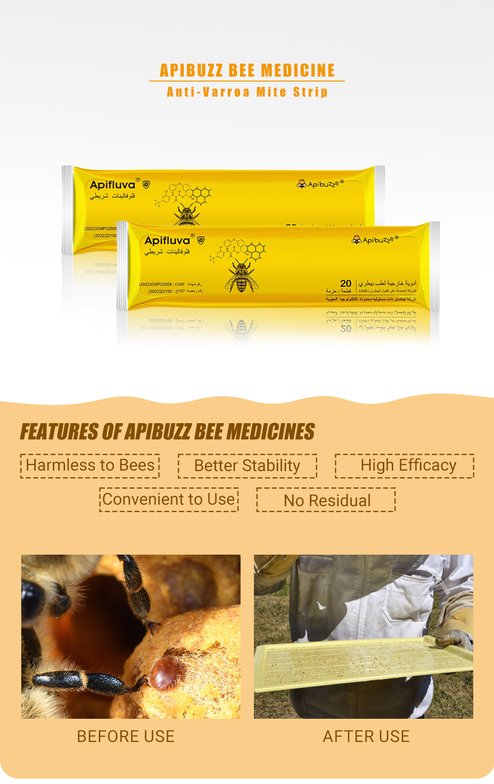 Tiras de fluvalinato APIFLUVA árabe - Paquete de 20